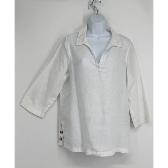 Tahari Tops - TAHARI Women White Linen 3/4 Sleeve Collared Pullover Top Size L Lagen Beach
